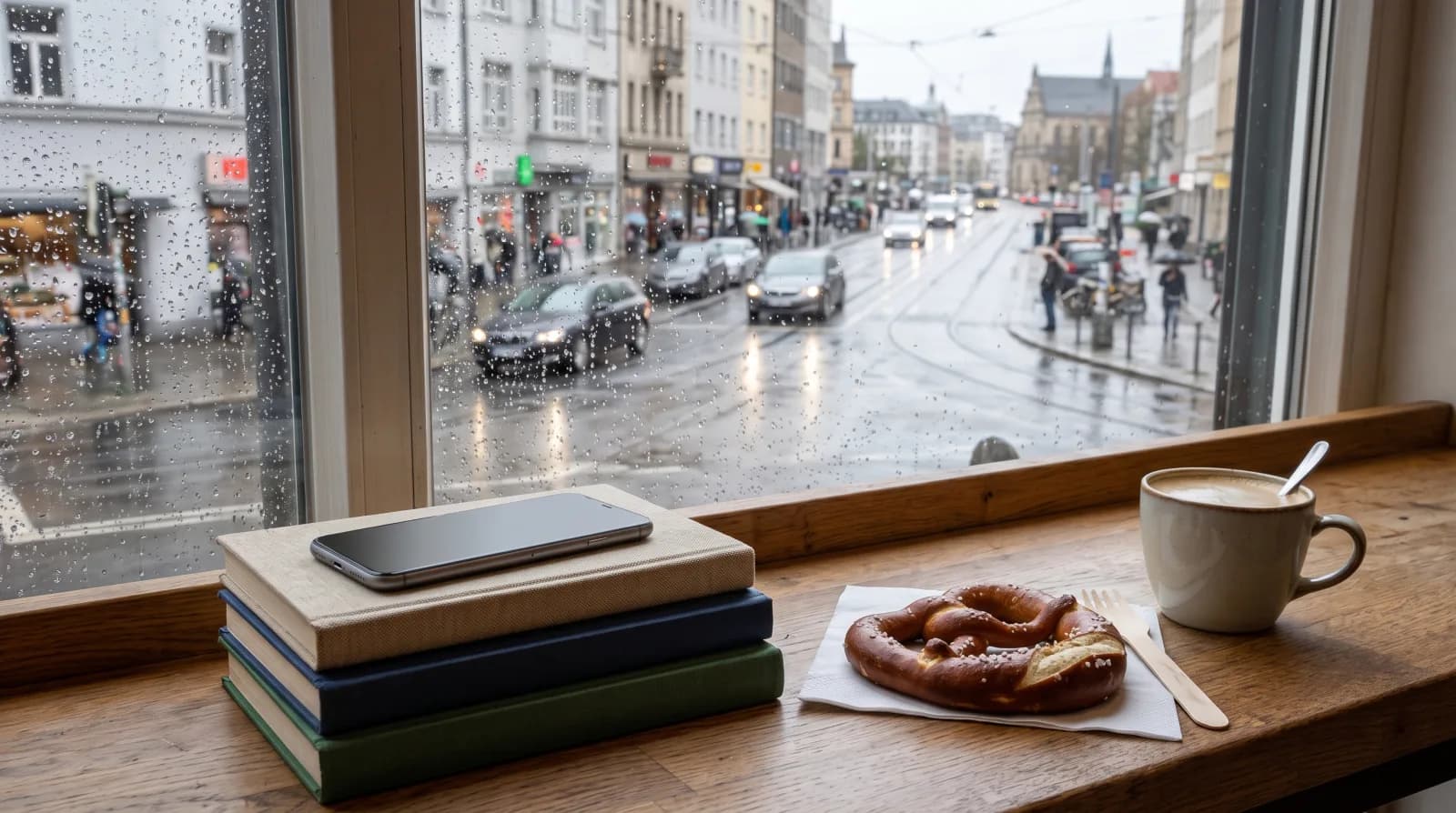 Ein Smartphone auf einem Bücherstapel am Caféfenster, daneben eine Brezel und Milchkaffee, draußen eine verregnete Straße