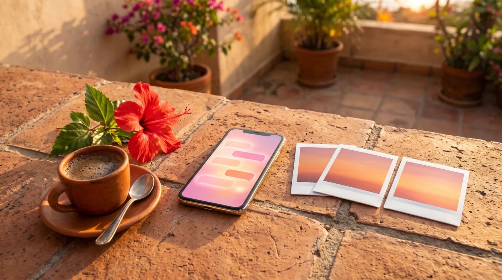 Un celular con globos de chat rosados sobre una mesa de baldosas de terracota, junto a tres fotos instantáneas de un atardecer, un café y una flor de hibisco