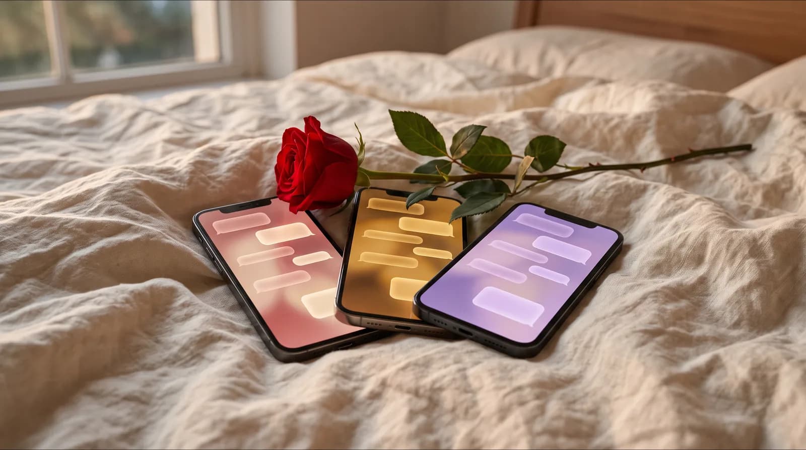 Trois téléphones aux bulles de discussion rose, ambre et lilas sur un couvre-lit en lin, une rose rouge posée dessus