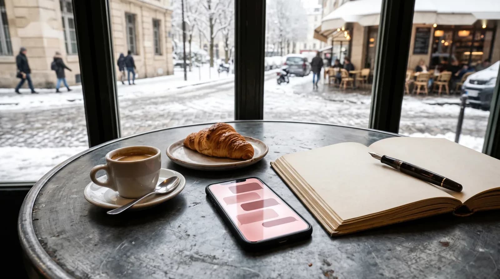 Un téléphone avec des bulles de discussion roses sur une table de bistrot en zinc, à côté d'un espresso, d'un croissant et d'un livre d'or aux pages vierges, une rue enneigée derrière la vitre