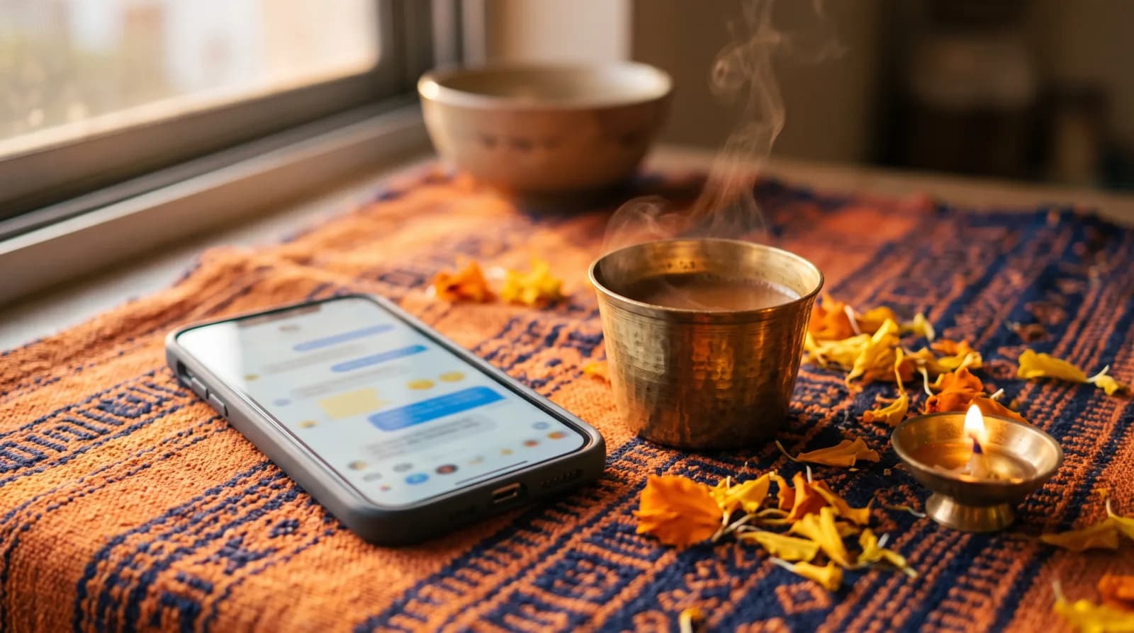 A smartphone with blurred chat bubbles on a saffron and indigo woven cloth beside a steaming brass cup of chai, marigold petals and a small oil lamp