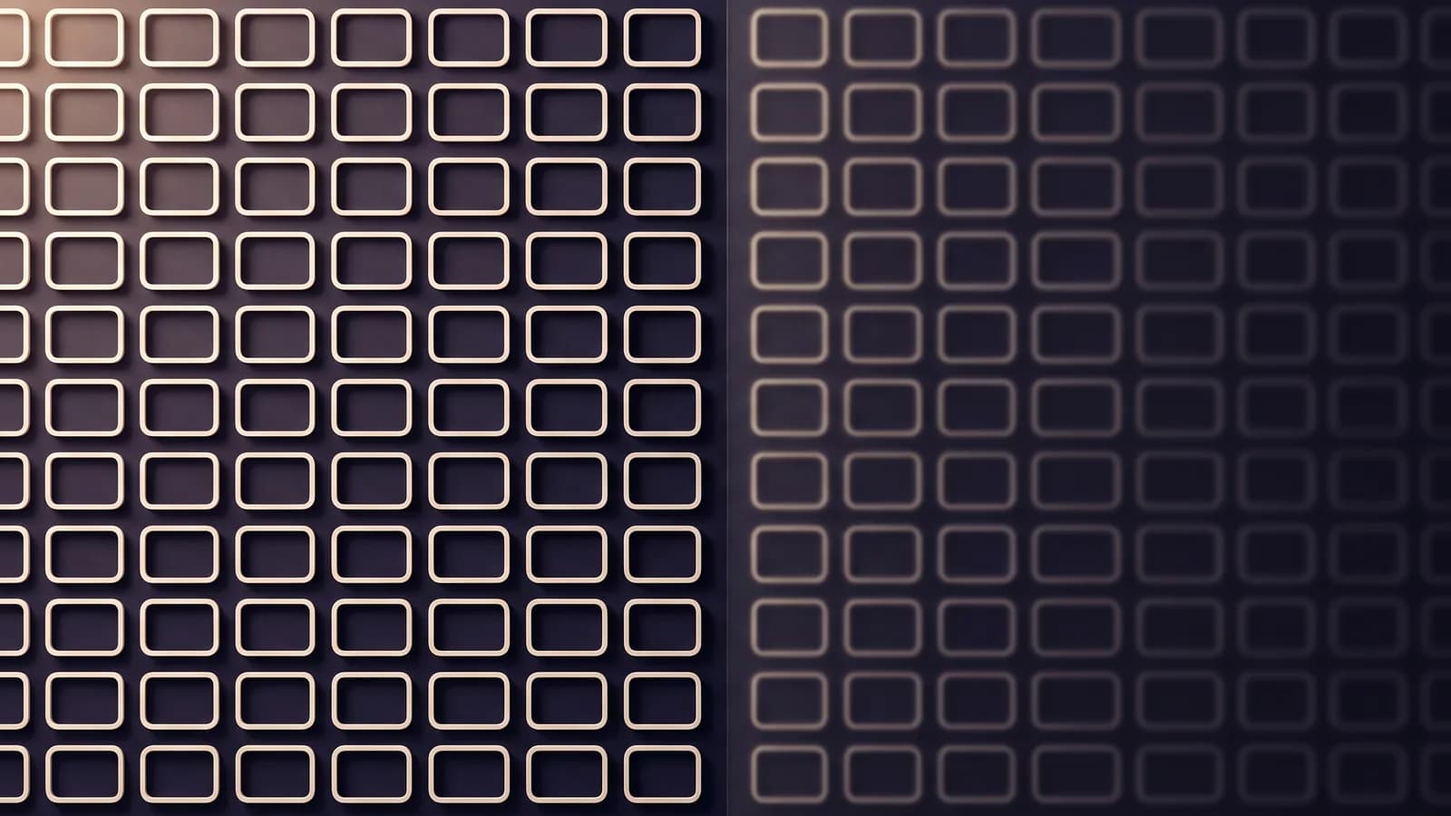 A dense dark grid of small blank cards, with one band of them dimmed behind a soft vertical divider