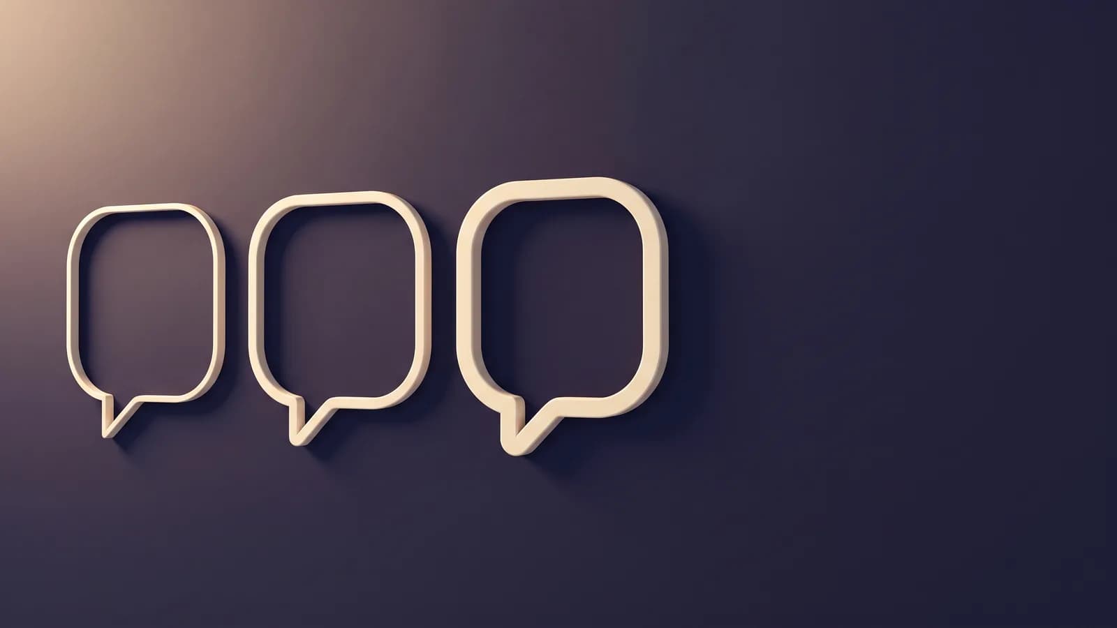 Three outlined chat bubbles side by side on a dark background, each drawn in a different weight to stand for a different place a typed message arrives