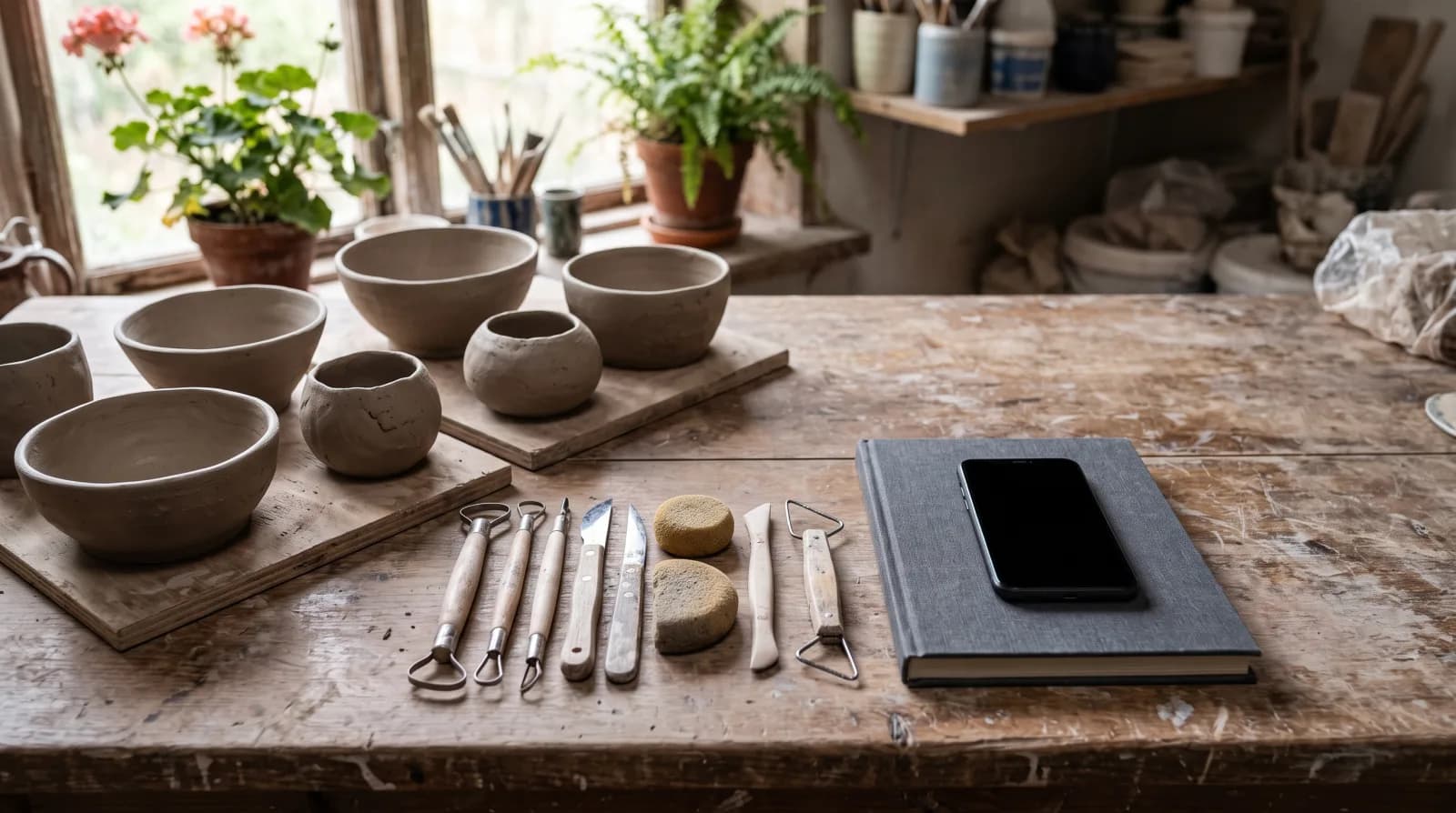 A potter's workbench by a window: unfinished clay bowls and small vessels drying on boards, sculpting tools laid out in a row, a closed cloth-bound notebook with a dark switched-off phone on it