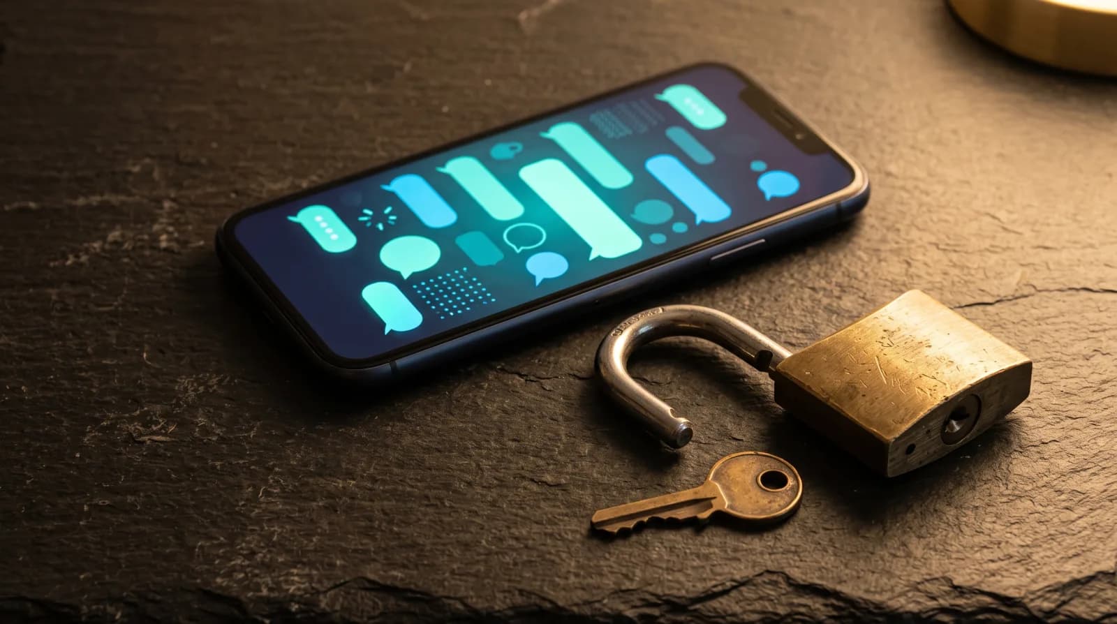 Ein Smartphone mit türkisen Chatblasen auf Schiefer, daneben ein geöffnetes Messingschloss und ein Schlüssel