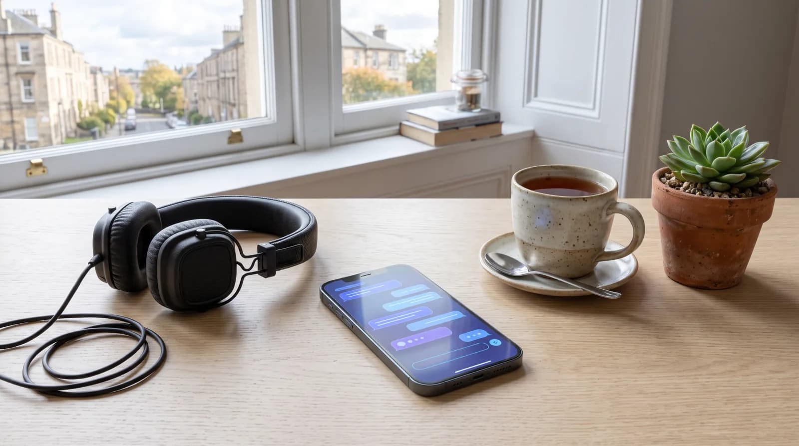 Ein Smartphone mit Chatblasen auf einem hellen Eichenschreibtisch, daneben Kopfhörer, eine Tasse Tee und eine Sukkulente im Tageslicht