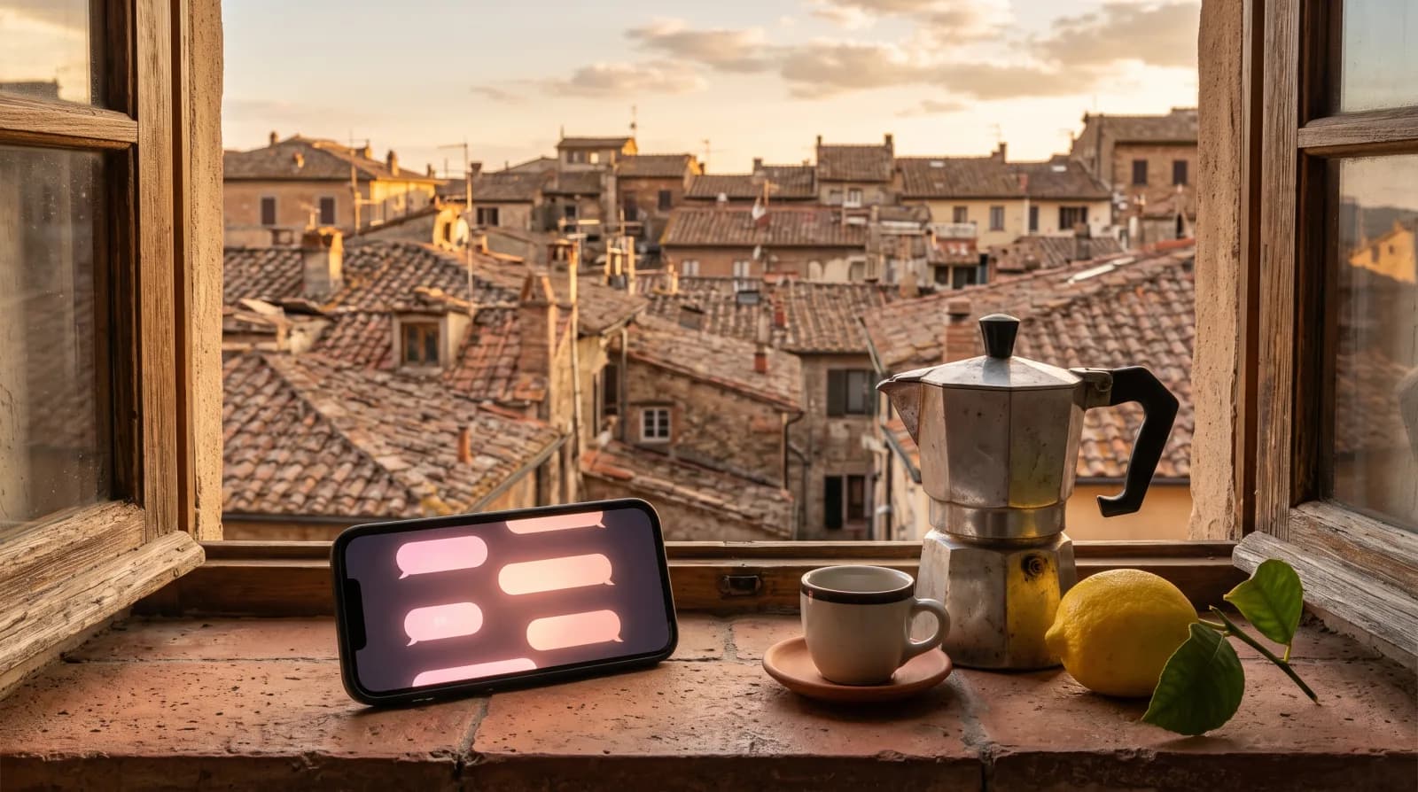 Uno smartphone con fumetti di chat rosa su un davanzale in cotto, accanto a una moka, una tazzina di caffè e un limone, con i tetti al tramonto