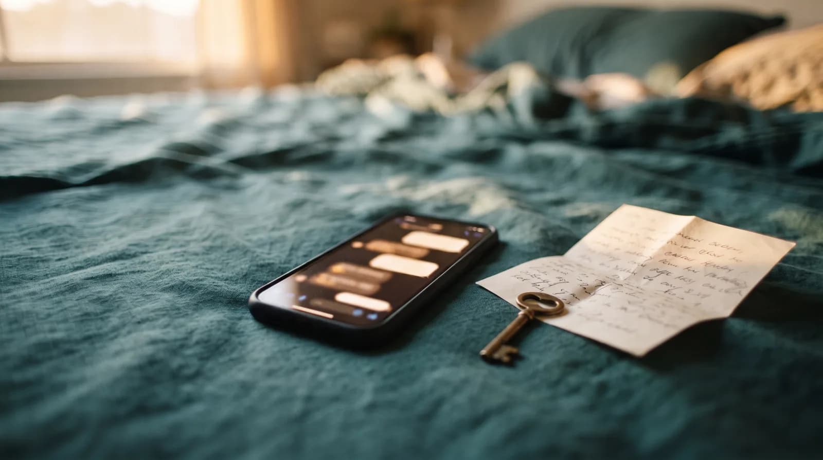 A smartphone with blurred chat bubbles on a teal bed sheet beside a brass key and a folded handwritten note, in warm morning light