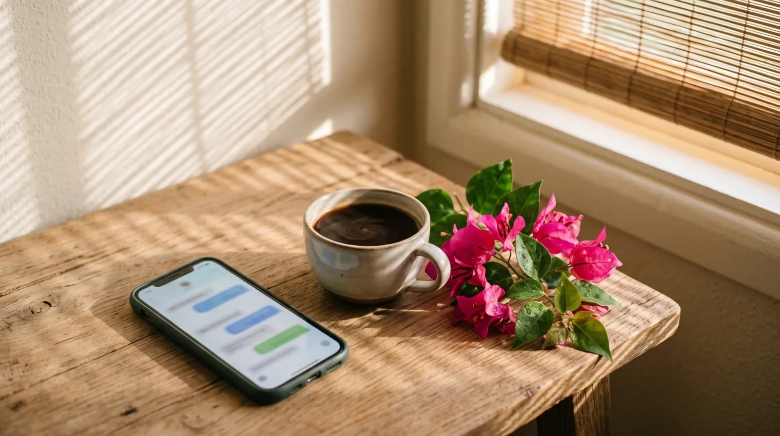 Um celular com balões de conversa desfocados sobre uma mesa de cabeceira de madeira, ao lado de uma xícara de café preto e um ramo de buganvília, na luz da manhã