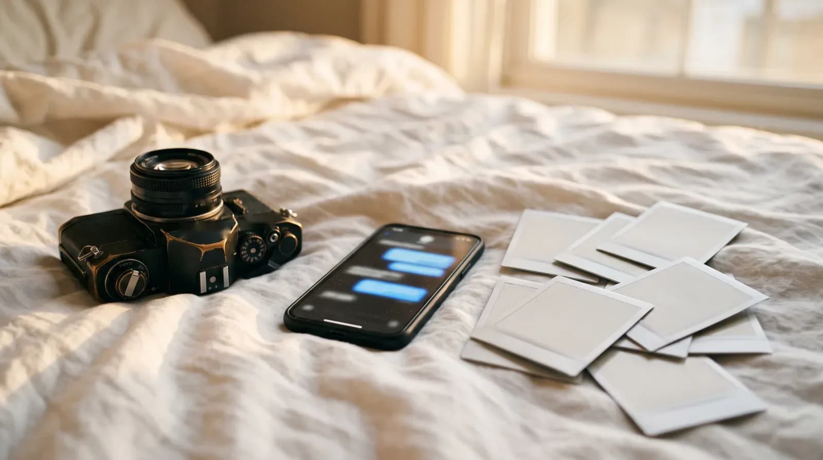 Um celular com balões de conversa desfocados sobre lençóis brancos, ao lado de uma câmera de filme antiga e de fotos instantâneas viradas para baixo