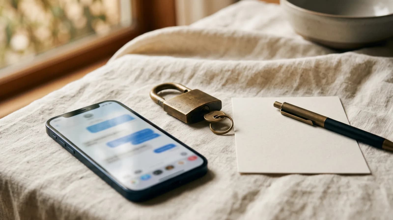 Um celular com balões de conversa desfocados sobre uma toalha de linho, ao lado de um cadeado aberto com a chave e de um cartão em branco com uma caneta