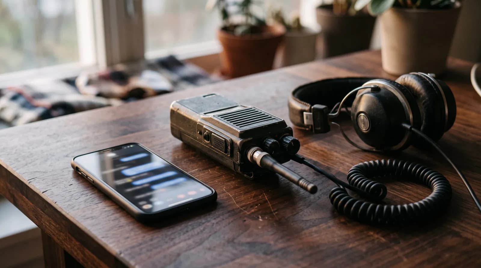 A smartphone with blurred chat bubbles on a walnut desk beside a vintage walkie-talkie, a coiled cable and over-ear headphones
