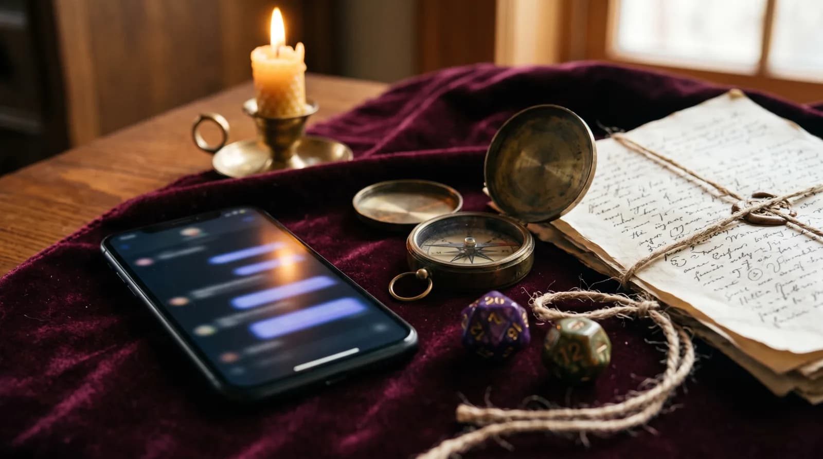 A smartphone with blurred chat bubbles on burgundy velvet beside a brass compass, two dice, a candle and handwritten script pages tied with string
