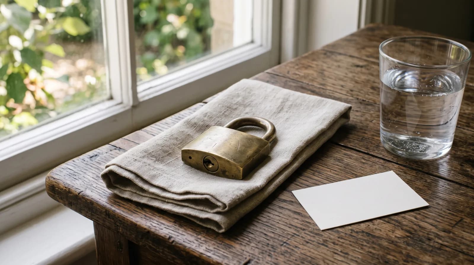 A closed brass padlock resting on a folded linen napkin next to a glass of water and a small white card face-down on a wooden table, soft morning window light