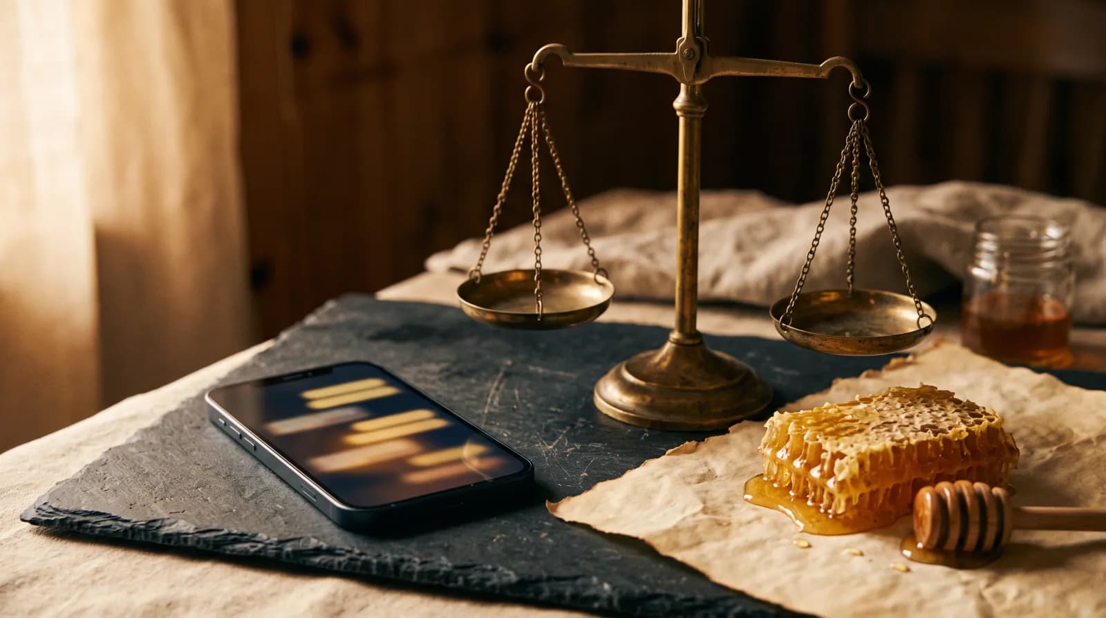 A smartphone with blurred chat bubbles on a slate board beside a piece of honeycomb, a honey dipper and an antique brass balance scale