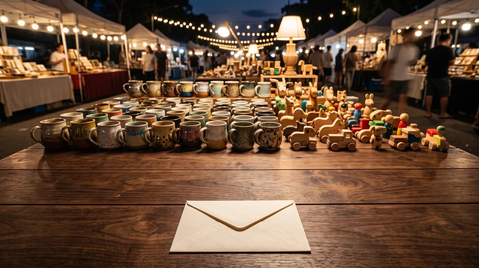A long dark walnut market table at night, the far end crowded with rows of mismatched handmade ceramic mugs and small wooden toys, one cream envelope lying alone on the empty near end, string lights and stalls out of focus behind