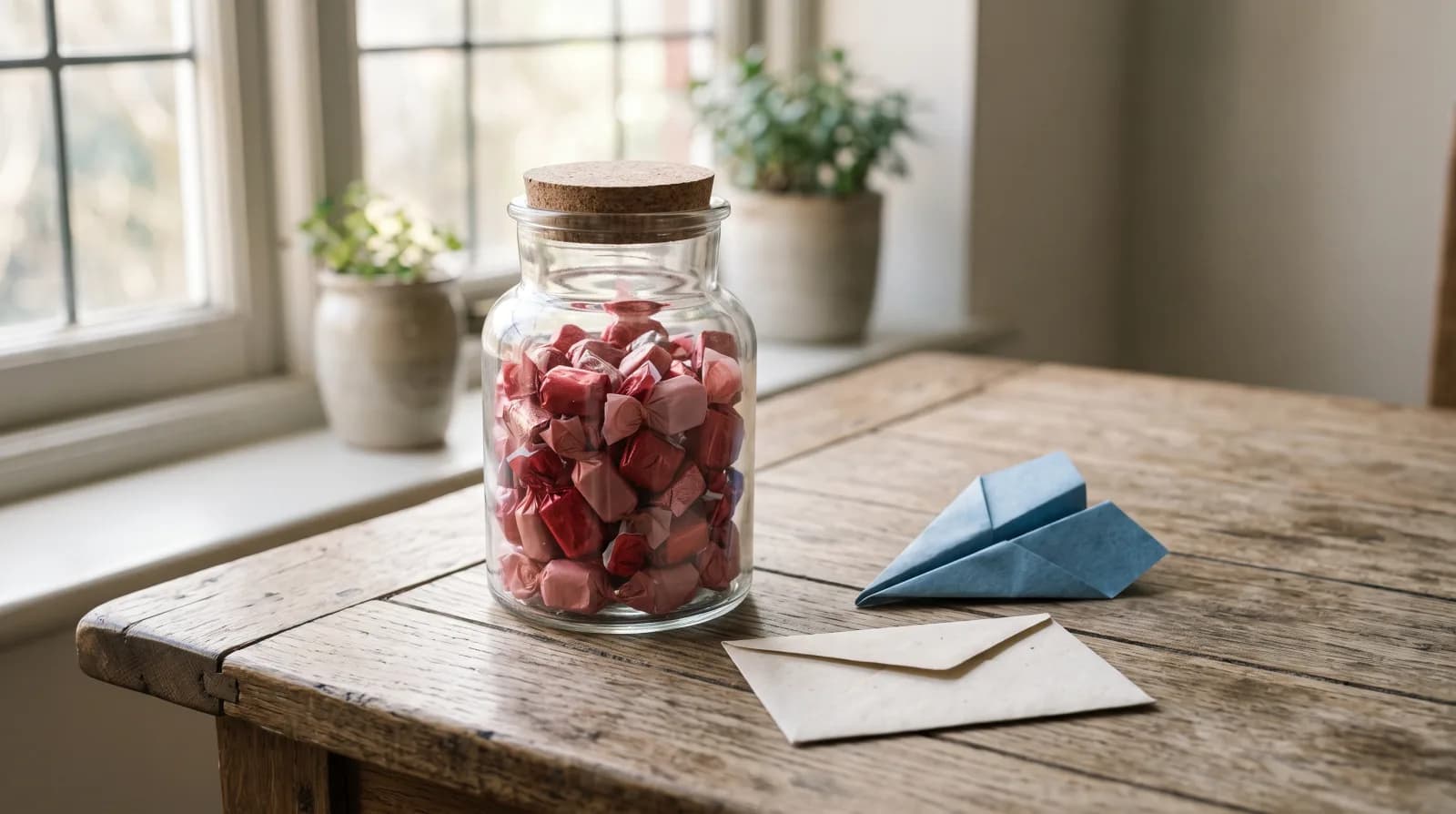 A glass jar of wrapped red and pink candies on a wooden table beside a small blank paper envelope and a folded blue paper airplane, soft window light